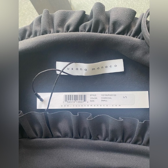 NWT Susana Monaco Ruffle Trim Thong Bodysuit Cami Top in Charcoal Size S - Picture 3 of 4